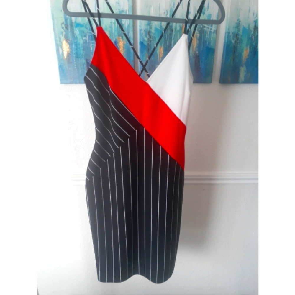 Red white and black color block spaghetti strap fashion nova midi dress